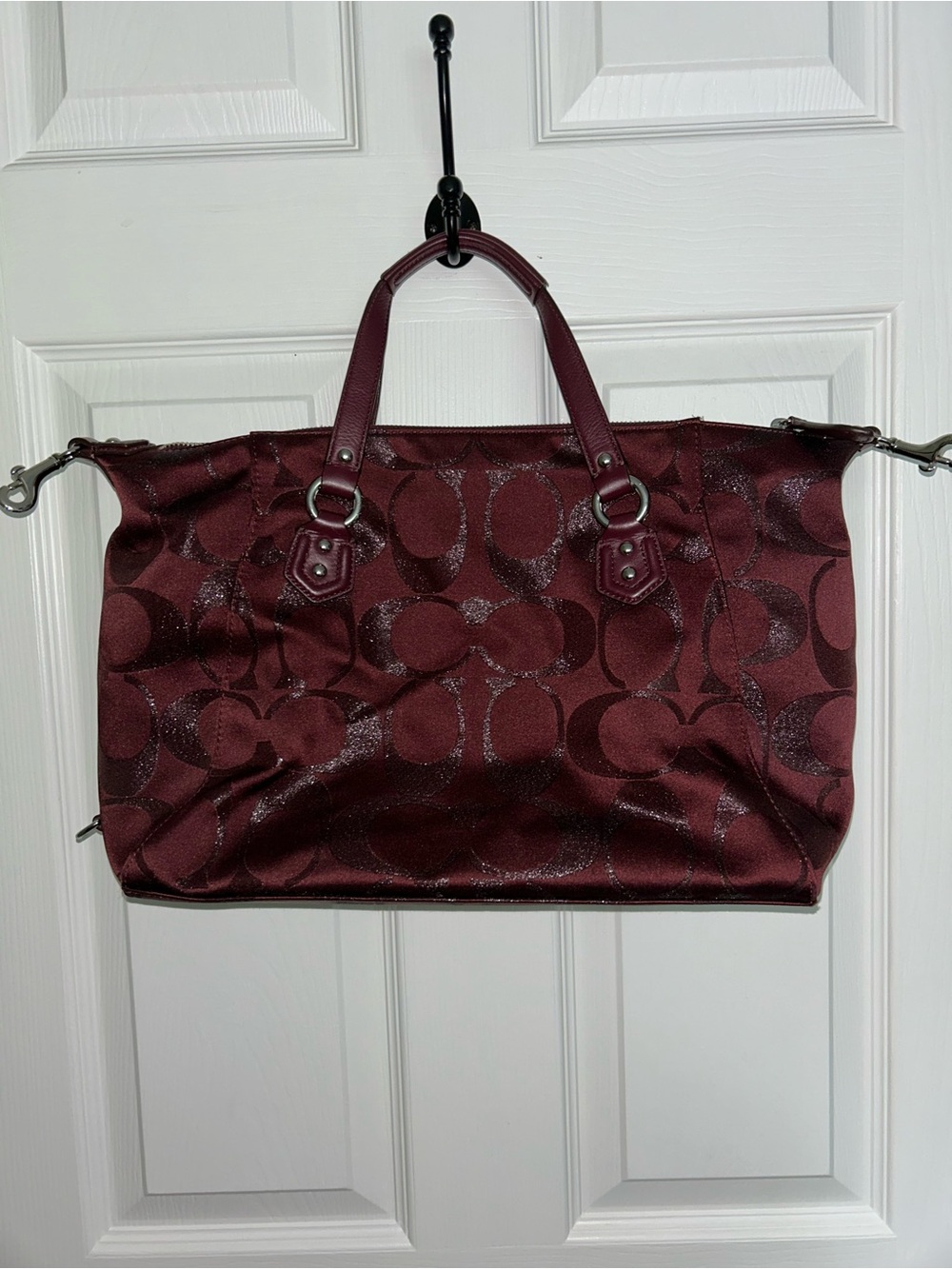 Coach Burgundy Signature Logo Tote with Leather Trim - Picture 3 of 12